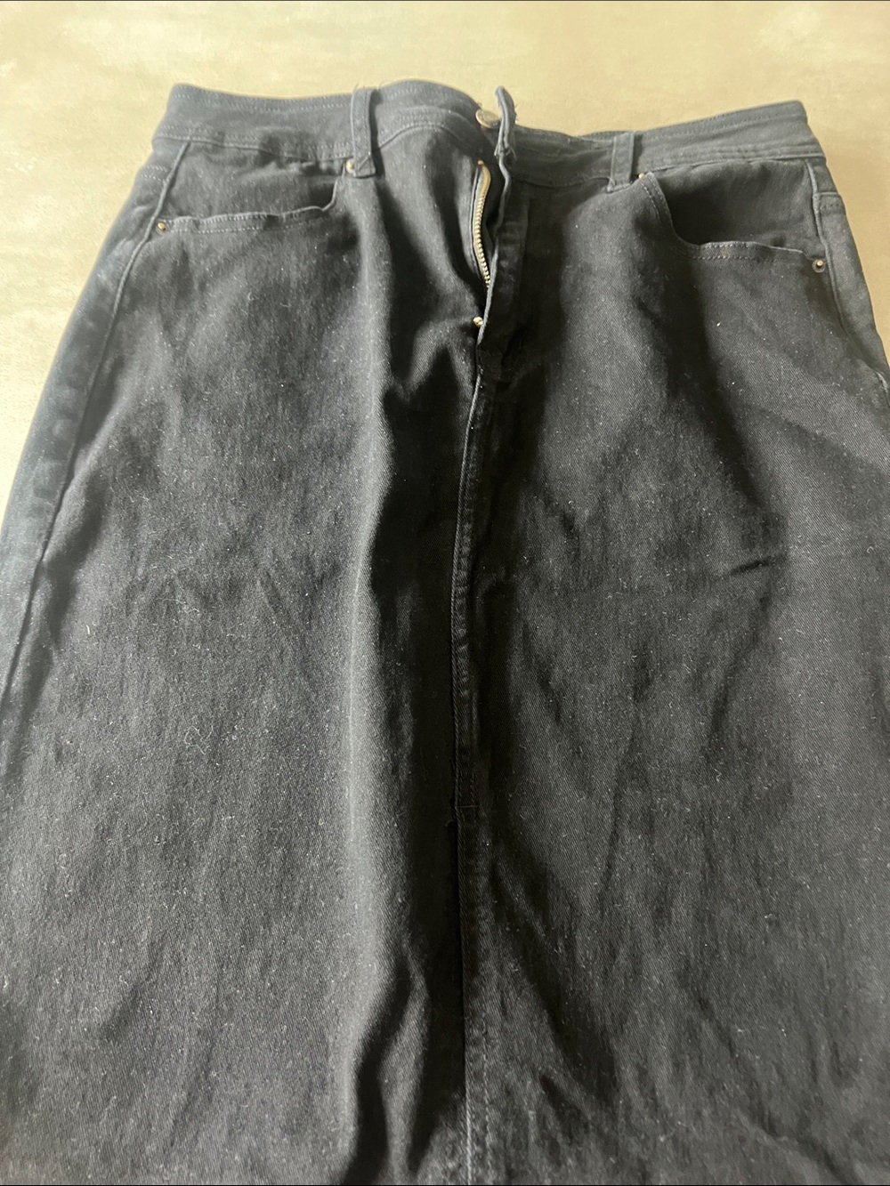 Amazon Black Denim Midi Skirt with Front Zip